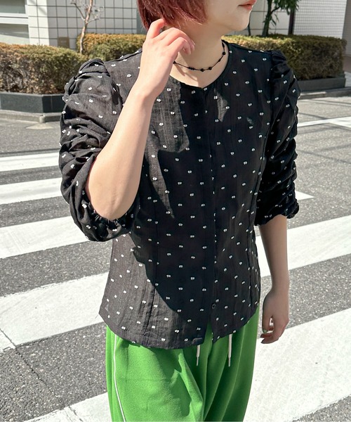 PILIT（ピリット）の「シアードビードット　シャーリング5分袖ブラウス（シャツ/ブラウス・レディース・ブラック/ホワイト・MEDIUM）」の21枚目の写真