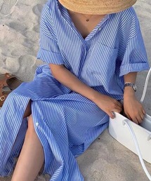 ストライプロングシャツワンピース