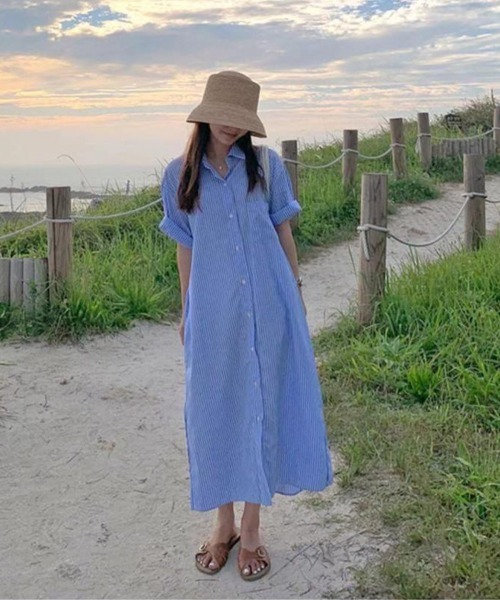 mielu（ミエル）の「ストライプロングシャツワンピース（シャツ/ブラウス・レディース・ホワイト/ブルー・MEDIUM/LARGE）」の8枚目の写真