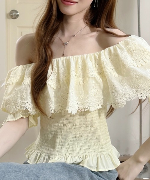 Ada.(エイダ)の「肩フリル オフショル ショート丈 パフスリーブブラウス(シャツ/ブラウス・レディース・ブルー/ホワイト/イエロー・FREE)」の9枚目の写真