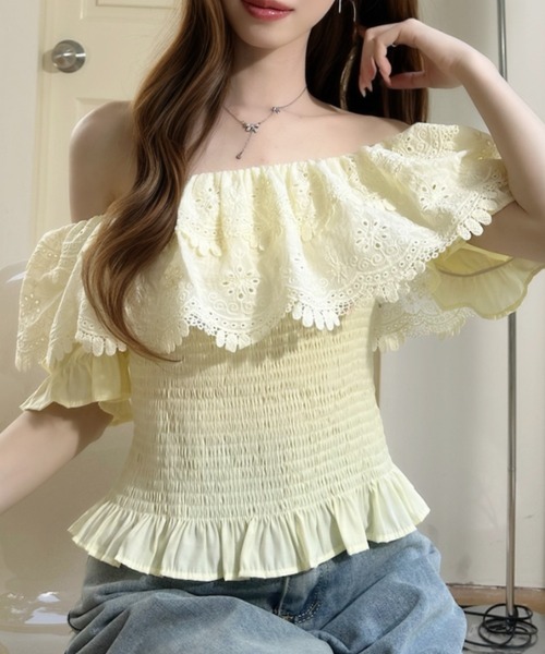 Ada.(エイダ)の「肩フリル オフショル ショート丈 パフスリーブブラウス(シャツ/ブラウス・レディース・ブルー/ホワイト/イエロー・FREE)」の12枚目の写真