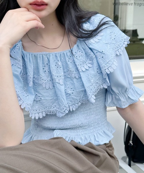 Ada.(エイダ)の「肩フリル オフショル ショート丈 パフスリーブブラウス(シャツ/ブラウス・レディース・ブルー/ホワイト/イエロー・FREE)」の7枚目の写真