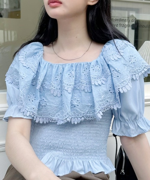 Ada.(エイダ)の「肩フリル オフショル ショート丈 パフスリーブブラウス(シャツ/ブラウス・レディース・ブルー/ホワイト/イエロー・FREE)」の8枚目の写真