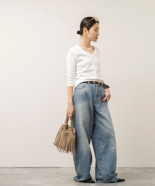 NOLLEY’S（ノーリーズ）の「【MAQWEL/マクウェル】ウォッシャブルCOTTON RIB 7分袖VネックTシャツ（Tシャツ/カットソー・レディース・ネイビー/ベビーピンク/オフホワイト・FREE）」の12枚目の写真