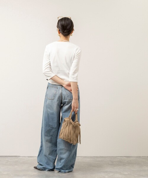 NOLLEY’S（ノーリーズ）の「【MAQWEL/マクウェル】ウォッシャブルCOTTON RIB 7分袖VネックTシャツ（Tシャツ/カットソー・レディース・ネイビー/ベビーピンク/オフホワイト・FREE）」の13枚目の写真