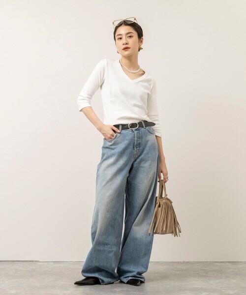 NOLLEY’S（ノーリーズ）の「【MAQWEL/マクウェル】ウォッシャブルCOTTON RIB 7分袖VネックTシャツ（Tシャツ/カットソー・レディース・ネイビー/ベビーピンク/オフホワイト・FREE）」の14枚目の写真