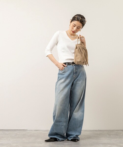 NOLLEY’S（ノーリーズ）の「【MAQWEL/マクウェル】ウォッシャブルCOTTON RIB 7分袖VネックTシャツ（Tシャツ/カットソー・レディース・ネイビー/ベビーピンク/オフホワイト・FREE）」の15枚目の写真