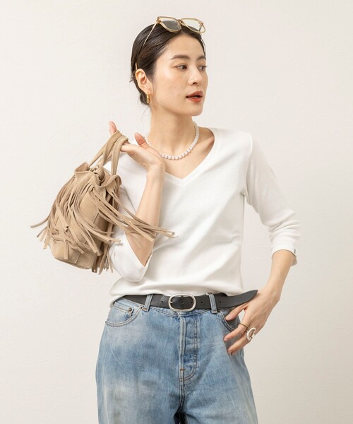 NOLLEY’S（ノーリーズ）の「【MAQWEL/マクウェル】ウォッシャブルCOTTON RIB 7分袖VネックTシャツ（Tシャツ/カットソー・レディース・ネイビー/ベビーピンク/オフホワイト・FREE）」の17枚目の写真