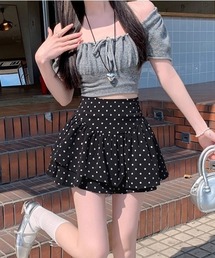 ドット柄ハイウエストティアードミニスカート