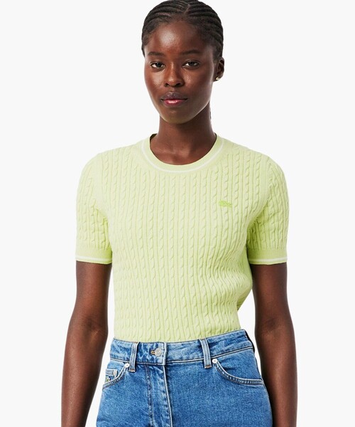 LACOSTE(ラコステ)の「ケーブルニットハーフスリーブTシャツ(ニット/セーター・レディース・ライトグリーン・38/36)」の1枚目の写真