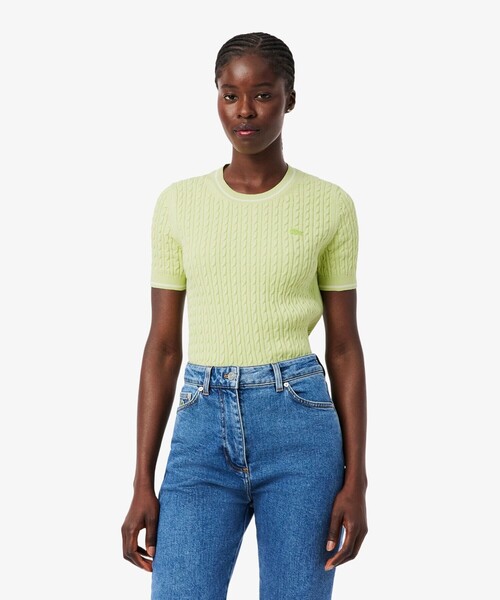 LACOSTE(ラコステ)の「ケーブルニットハーフスリーブTシャツ(ニット/セーター・レディース・ライトグリーン・38/36)」の3枚目の写真