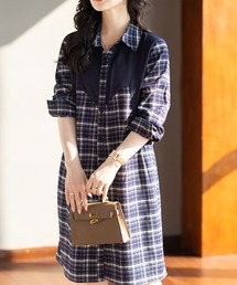 チェックシャツワンピース 長袖 切替デザイン 襟付き ミディ丈 ゆったり