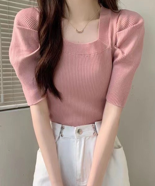 Teem Store（チームストア）の「パフスリーブスクエアネックサマーニットトップス【４色展開】　二の腕カバー　着痩せ（Tシャツ/カットソー・レディース・ブラック/アイボリー/ピンク・F）」の16枚目の写真