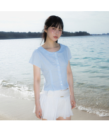 Round Collar Short Sleeve Blouse [Sky Blue]