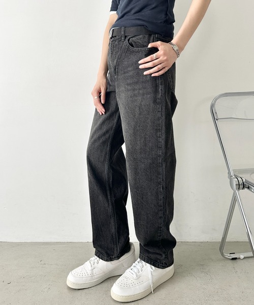 HANES（ヘインズ）の「Hanes(ヘインズ)/ワイドストレート ワイドフィット デニムパンツ/ワイドストレート デニム（デニムパンツ・レディース・ブラック/ライトブルー/ネイビー/ブルー・L/M/S）」の12枚目の写真