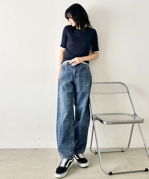 HANES（ヘインズ）の「Hanes(ヘインズ)/ワイドストレート ワイドフィット デニムパンツ/ワイドストレート デニム（デニムパンツ・レディース・ブラック/ライトブルー/ネイビー/ブルー・L/M/S）」の21枚目の写真