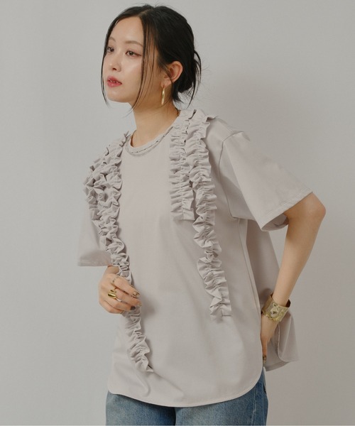 palm RICHE(ポームリシュ)の「ランダムフリルトップス(Tシャツ/カットソー・レディース・グレー/オフホワイト/ブラック・M)」の1枚目の写真