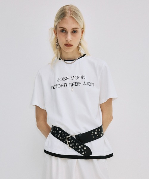 JOSE MOON（ジョゼムーン）の「RINGER T-SHIRT with PEARL/リンガーTシャツウィズパール（Tシャツ/カットソー・レディース・ホワイト/グレー/ブラック・FREE）」の5枚目の写真