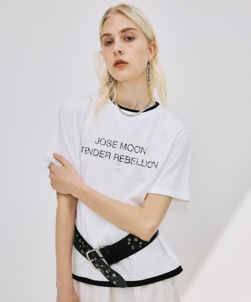 JOSE MOON（ジョゼムーン）の「RINGER T-SHIRT with PEARL/リンガーTシャツウィズパール（Tシャツ/カットソー・レディース・ホワイト/グレー/ブラック・FREE）」の6枚目の写真