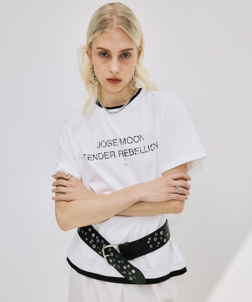 JOSE MOON（ジョゼムーン）の「RINGER T-SHIRT with PEARL/リンガーTシャツウィズパール（Tシャツ/カットソー・レディース・ホワイト/グレー/ブラック・FREE）」の7枚目の写真