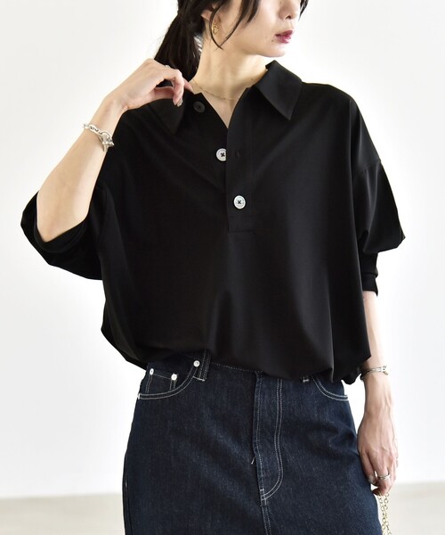 quaranciel(カランシエル)の「quaranciel:〈接触冷感/洗濯機可能〉シルク ミックス ポンチ ドロスト ポロ プルオーバー(Tシャツ/カットソー・レディース・オフホワイト/ブラック/ブラウン・ONE SIZE)」の10枚目の写真