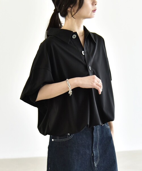 quaranciel(カランシエル)の「quaranciel:〈接触冷感/洗濯機可能〉シルク ミックス ポンチ ドロスト ポロ プルオーバー(Tシャツ/カットソー・レディース・オフホワイト/ブラック/ブラウン・ONE SIZE)」の11枚目の写真
