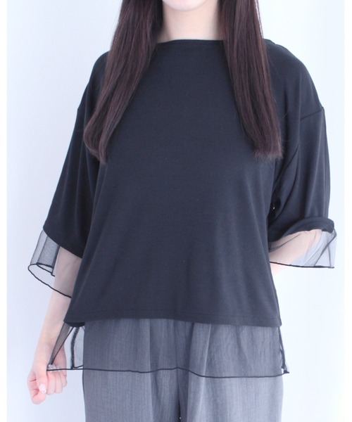 amini（アミニ）の「チュールレイヤード風リブカットソー（Tシャツ/カットソー・レディース・オフホワイト/チャコールグレー/ブラック・MEDIUM）」の2枚目の写真