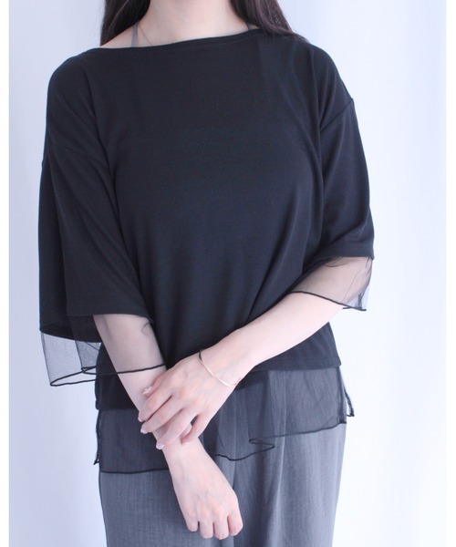 amini（アミニ）の「チュールレイヤード風リブカットソー（Tシャツ/カットソー・レディース・オフホワイト/チャコールグレー/ブラック・MEDIUM）」の5枚目の写真