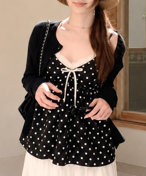Achic（アシック）の「2点セット  レースリボンドットキャミ×カーディガン（Tシャツ/カットソー・レディース・ブラック/ホワイト・M）」の9枚目の写真