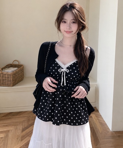 Achic（アシック）の「2点セット  レースリボンドットキャミ×カーディガン（Tシャツ/カットソー・レディース・ブラック/ホワイト・M）」の5枚目の写真