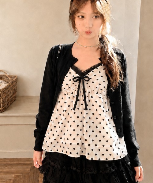 Achic（アシック）の「2点セット  レースリボンドットキャミ×カーディガン（Tシャツ/カットソー・レディース・ブラック/ホワイト・M）」の6枚目の写真
