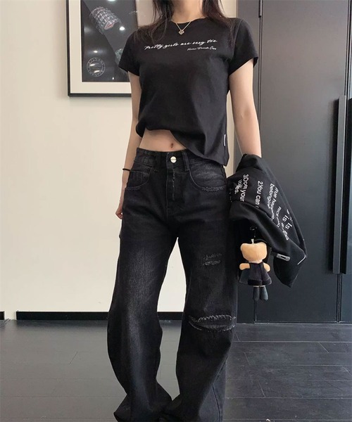 Girly Doll(ガーリードール)の「レタリングロゴTシャツ(Tシャツ/カットソー・レディース・グレー/ブラック・L/M)」の4枚目の写真