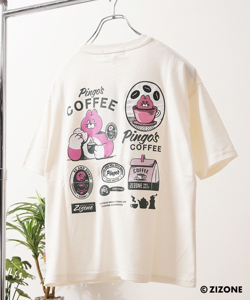 1111clothing(ワンフォークロージング)の「【ZIZONE/ジゾーン】正規ライセンス Pingo Coffee バックプリントTシャツ /ビッグシルエット / 3Dジェルステッカー付き(Tシャツ/カットソー・レディース・クリーム/ピンク・M/S/L)」の1枚目の写真