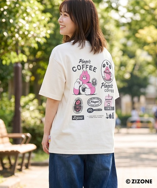 1111clothing(ワンフォークロージング)の「【ZIZONE/ジゾーン】正規ライセンス Pingo Coffee バックプリントTシャツ /ビッグシルエット / 3Dジェルステッカー付き(Tシャツ/カットソー・レディース・クリーム/ピンク・M/S/L)」の6枚目の写真