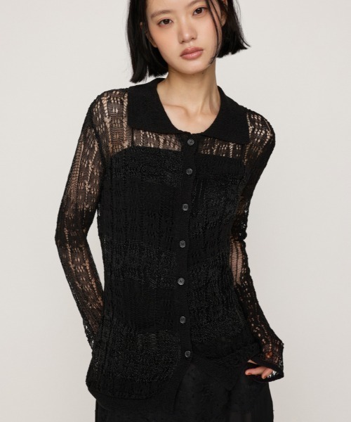 SLY（スライ）の「SHINY CROCHET KNIT CD シャイニークロシェニットカーデ 秋服 春服 夏服 サマーニット（カーディガン/ボレロ・レディース・ベージュ/ブラック・FREE）」の2枚目の写真