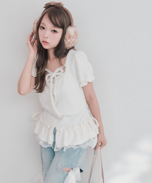 OLIVE des OLIVE(オリーブデオリーブ)の「フェザーチュニック(Tシャツ/カットソー・レディース・ピンク/アイボリー/ブラック・FREE)」の1枚目の写真