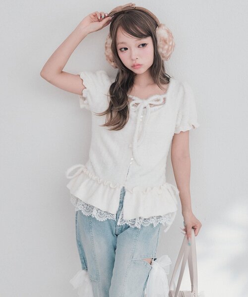 OLIVE des OLIVE(オリーブデオリーブ)の「フェザーチュニック(Tシャツ/カットソー・レディース・ピンク/アイボリー/ブラック・FREE)」の4枚目の写真