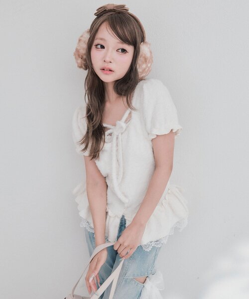 OLIVE des OLIVE(オリーブデオリーブ)の「フェザーチュニック(Tシャツ/カットソー・レディース・ピンク/アイボリー/ブラック・FREE)」の6枚目の写真