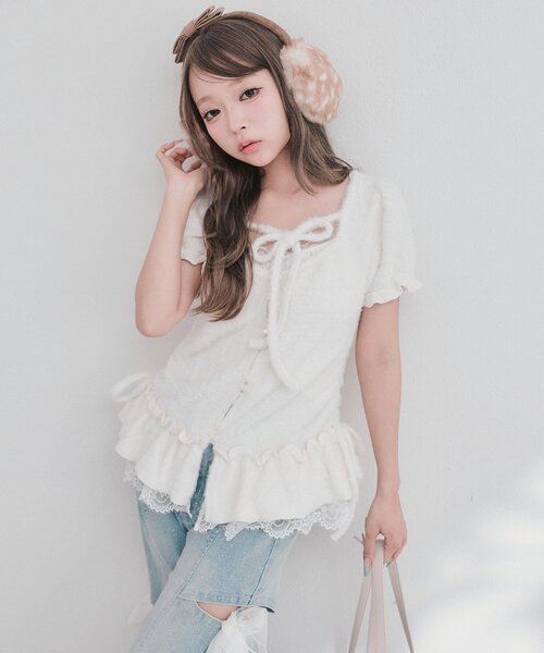 OLIVE des OLIVE(オリーブデオリーブ)の「フェザーチュニック(Tシャツ/カットソー・レディース・ピンク/アイボリー/ブラック・FREE)」の7枚目の写真