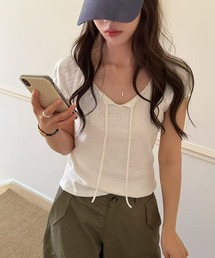 レーストリムリボン付き半袖カットソー
