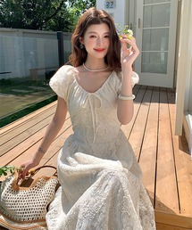 フロントリボンパフスリーブワンピース
