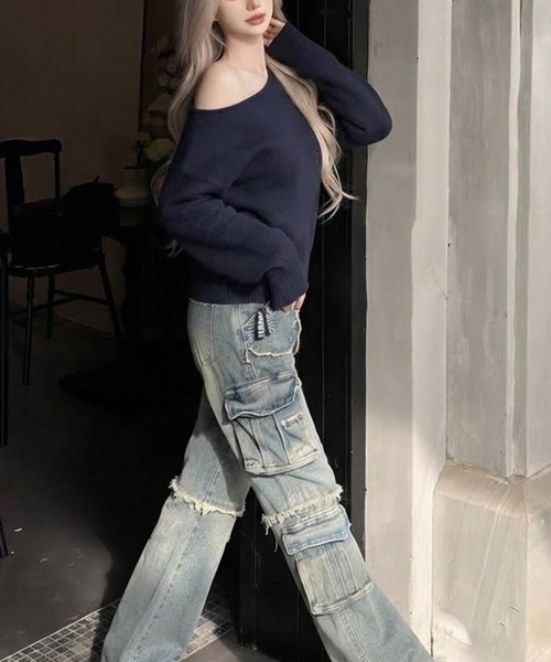 Songe(ソンジュ)の「ワンショルダーアシンメトリーデザインニットトップス(ニット/セーター・レディース・ネイビー/チャコールグレー/アイボリー/グレー/ブラック・FREE)」の10枚目の写真