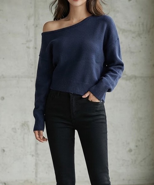 Songe(ソンジュ)の「ワンショルダーアシンメトリーデザインニットトップス(ニット/セーター・レディース・ネイビー/チャコールグレー/アイボリー/グレー/ブラック・FREE)」の12枚目の写真