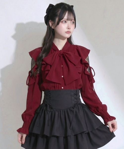 夢展望(ユメテンボウ)の「ショルダーレースフリルリボンボウタイブラウス【大きいサイズあり】(シャツ/ブラウス・レディース・ブルーグレー/ボルドー/ピンク/ホワイト/ブラック・MEDIUM/LARGE/3L)」の5枚目の写真