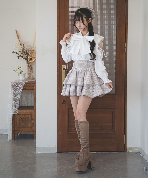 夢展望(ユメテンボウ)の「ショルダーレースフリルリボンボウタイブラウス【大きいサイズあり】(シャツ/ブラウス・レディース・ブルーグレー/ボルドー/ピンク/ホワイト/ブラック・MEDIUM/LARGE/3L)」の6枚目の写真