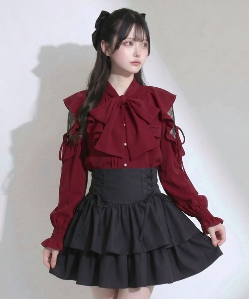 夢展望(ユメテンボウ)の「ショルダーレースフリルリボンボウタイブラウス【大きいサイズあり】(シャツ/ブラウス・レディース・ブルーグレー/ボルドー/ピンク/ホワイト/ブラック・MEDIUM/LARGE/3L)」の18枚目の写真