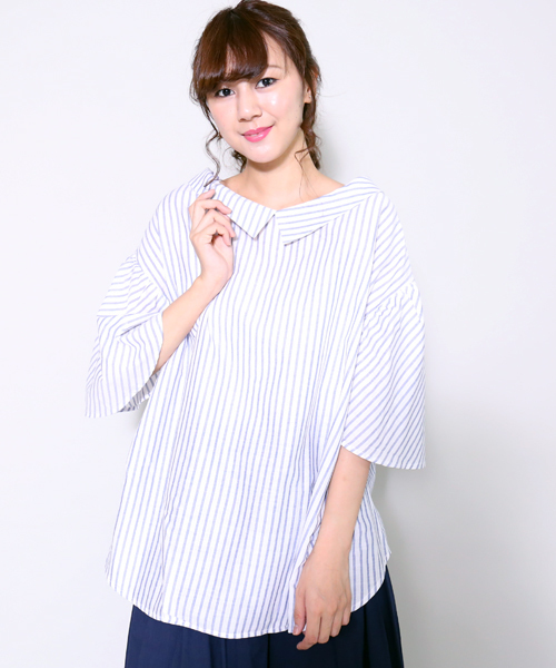 MARLENE JOBERT（マルレーヌ　ジョベル）の「2wayストライプブラウス（シャツ/ブラウス・レディース・ブルー/グレー・L/M）」の5枚目の写真