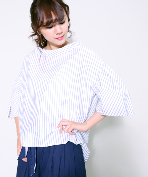 MARLENE JOBERT（マルレーヌ　ジョベル）の「2wayストライプブラウス（シャツ/ブラウス・レディース・ブルー/グレー・L/M）」の6枚目の写真