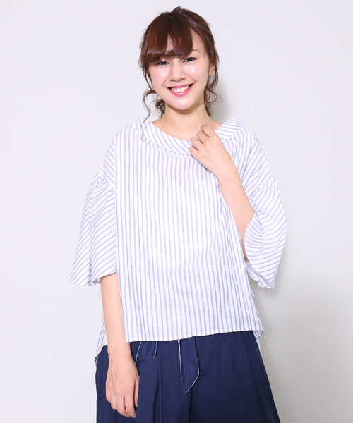 MARLENE JOBERT（マルレーヌ　ジョベル）の「2wayストライプブラウス（シャツ/ブラウス・レディース・ブルー/グレー・L/M）」の17枚目の写真