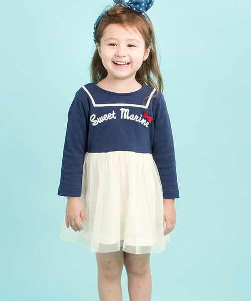 Motherways マザウェイズ の トドラーガールズsweetmarineロゴ長袖ドッキングワンピース Motherways マザウェイズ ワンピース Wear